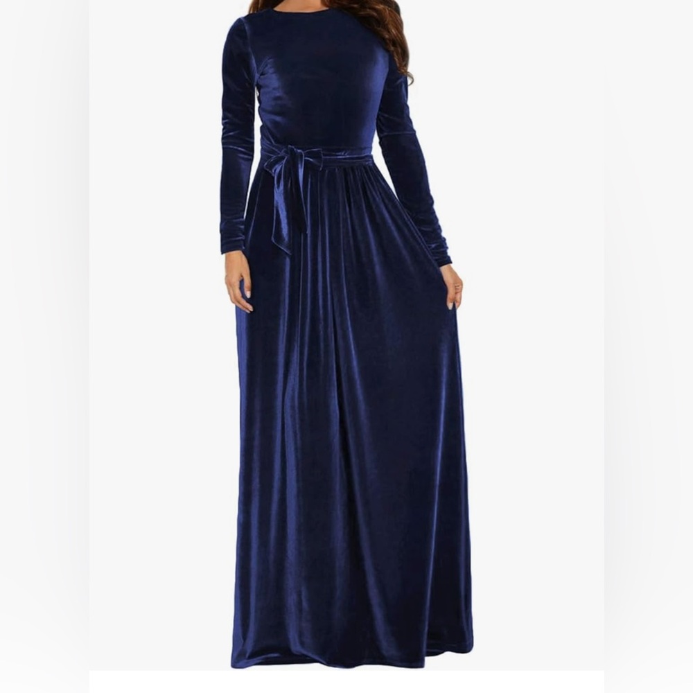 Women's Elegant Navy Blue Velvet Long Sleeve Maxi Dress